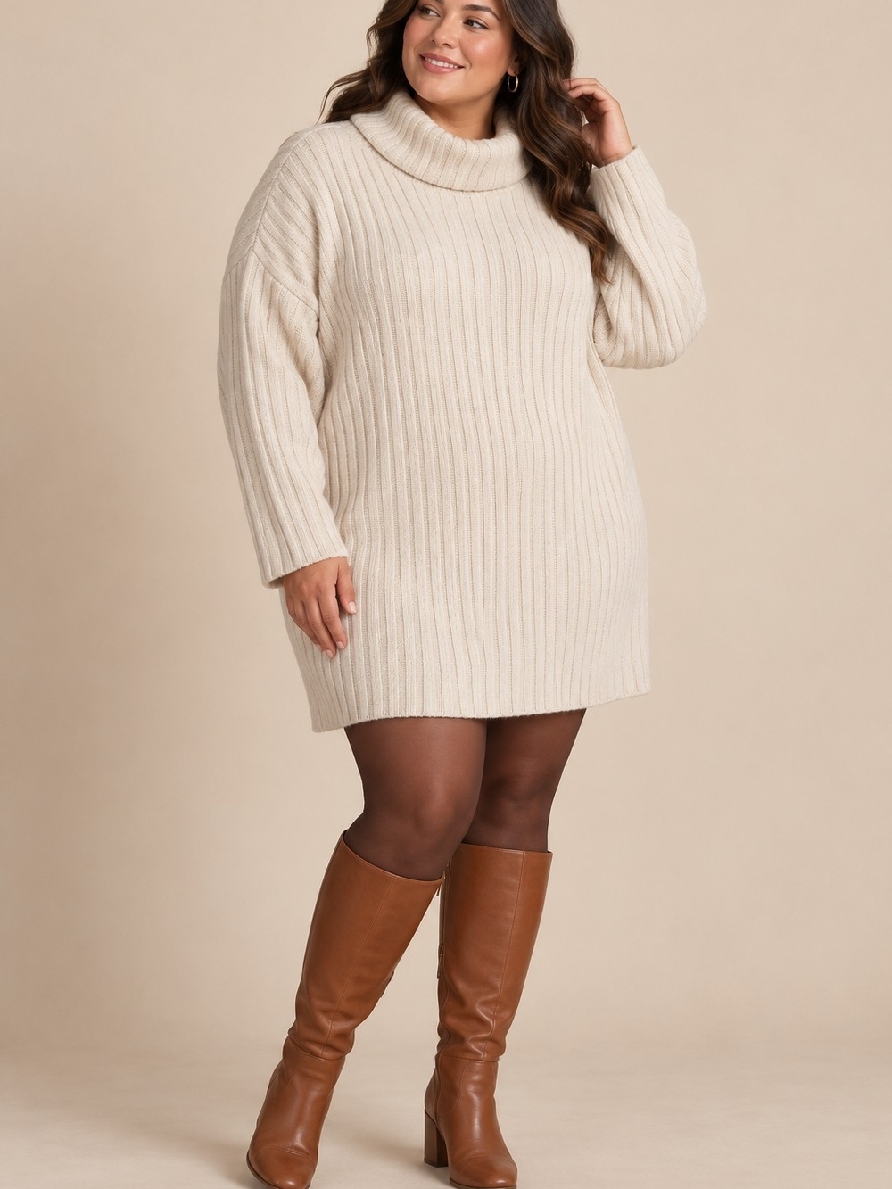Cozy Ribbed Turtleneck Sweater Dress - Cream